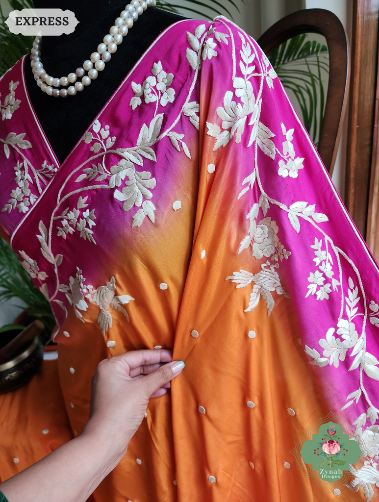 Zynah Orange / Pink Pure Crepe Silk Hand Embroidered Authentic Parsi Gara Saree; Custom Stitched/Ready-made Blouse, Fall, Petticoat; SKU: 2008202506