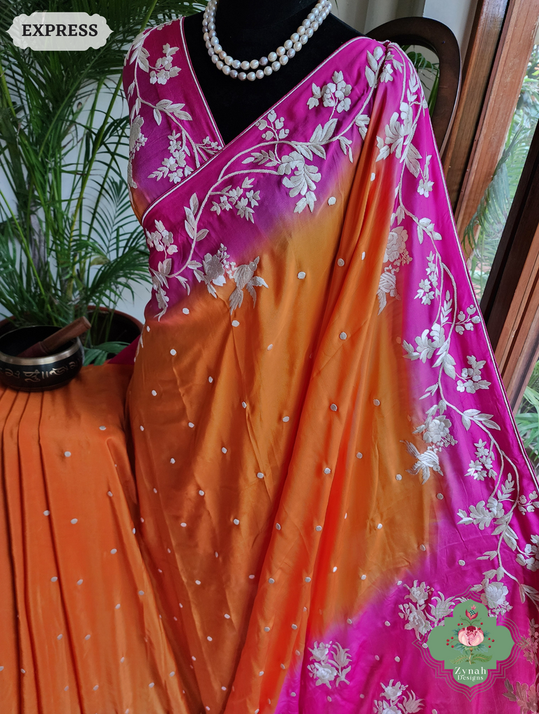 Zynah Orange / Pink Pure Crepe Silk Hand Embroidered Authentic Parsi Gara Saree; Custom Stitched/Ready-made Blouse, Fall, Petticoat; SKU: 2008202506