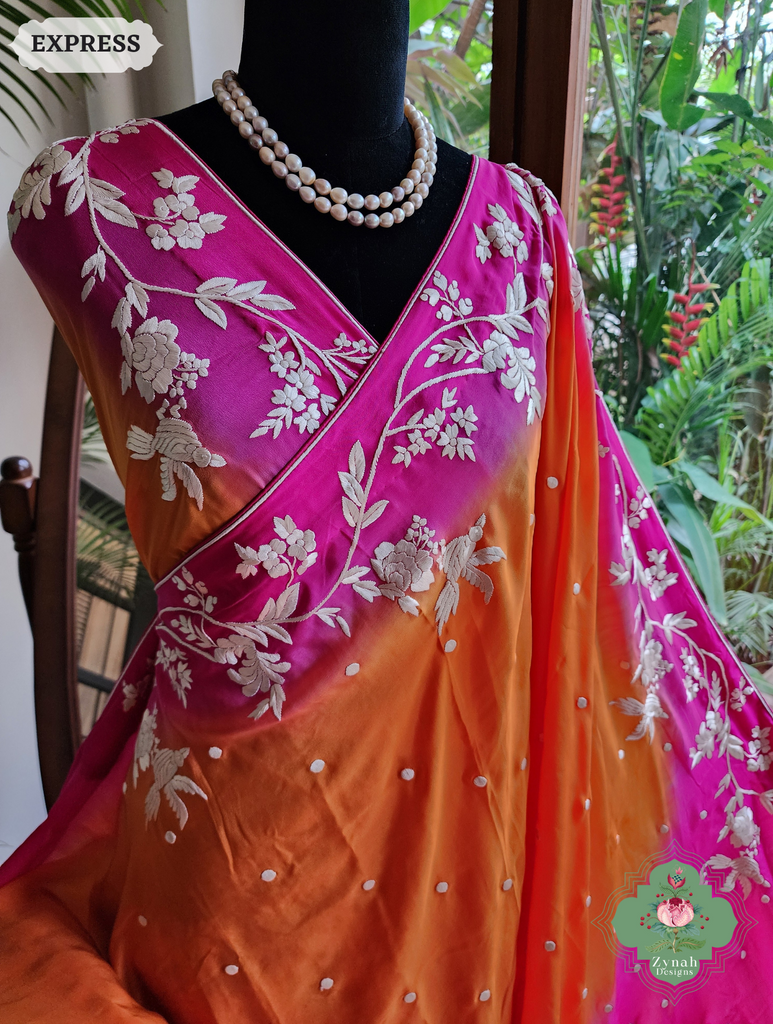 Zynah Orange / Pink Pure Crepe Silk Hand Embroidered Authentic Parsi Gara Saree; Custom Stitched/Ready-made Blouse, Fall, Petticoat; SKU: 2008202506