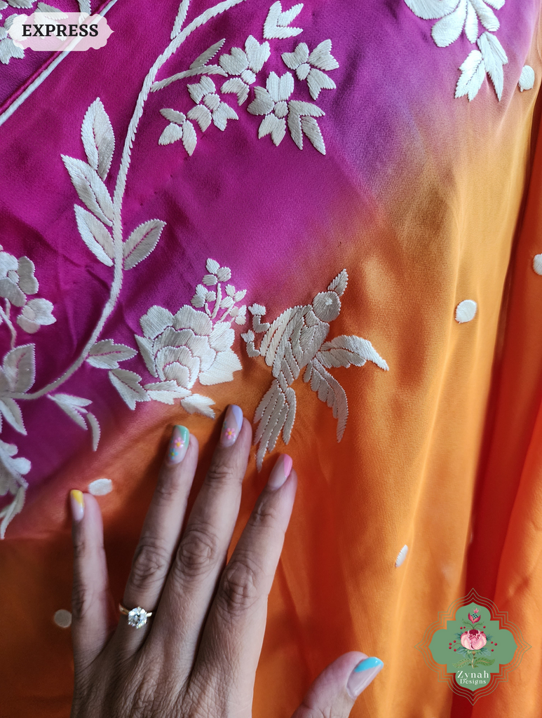 Zynah Orange / Pink Pure Crepe Silk Hand Embroidered Authentic Parsi Gara Saree; Custom Stitched/Ready-made Blouse, Fall, Petticoat; SKU: 2008202506