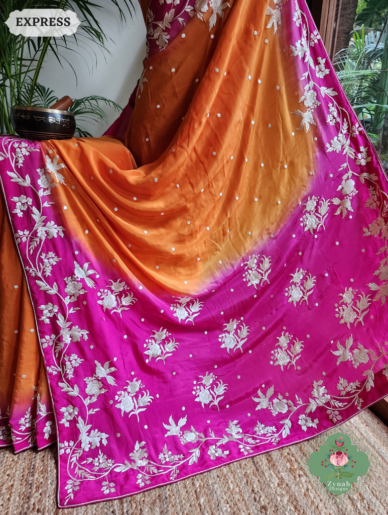 Zynah Orange / Pink Pure Crepe Silk Hand Embroidered Authentic Parsi Gara Saree; Custom Stitched/Ready-made Blouse, Fall, Petticoat; SKU: 2008202506