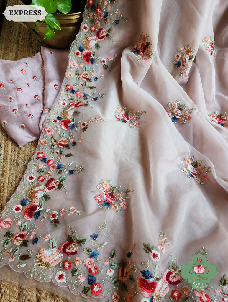 Zynah Orchid Pink Organza Silk Saree With Delicate Floral Border & Allover Big Butis Embroidery & Hand Embellished With Pearls & Cutdana Bead; Custom Stitched/Ready-made Blouse, Fall, Petticoat; SKU: 0503202503