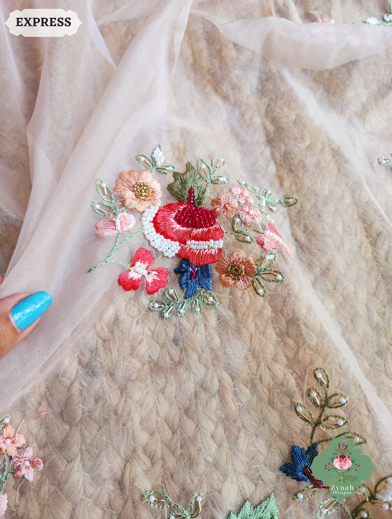 Zynah Orchid Pink Organza Silk Saree With Delicate Floral Border & Allover Big Butis Embroidery & Hand Embellished With Pearls & Cutdana Bead; Custom Stitched/Ready-made Blouse, Fall, Petticoat; SKU: 0503202503