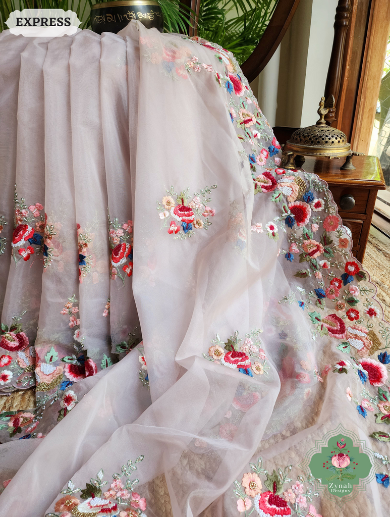 Zynah Orchid Pink Organza Silk Saree With Delicate Floral Border & Allover Big Butis Embroidery & Hand Embellished With Pearls & Cutdana Bead; Custom Stitched/Ready-made Blouse, Fall, Petticoat; SKU: 0503202503