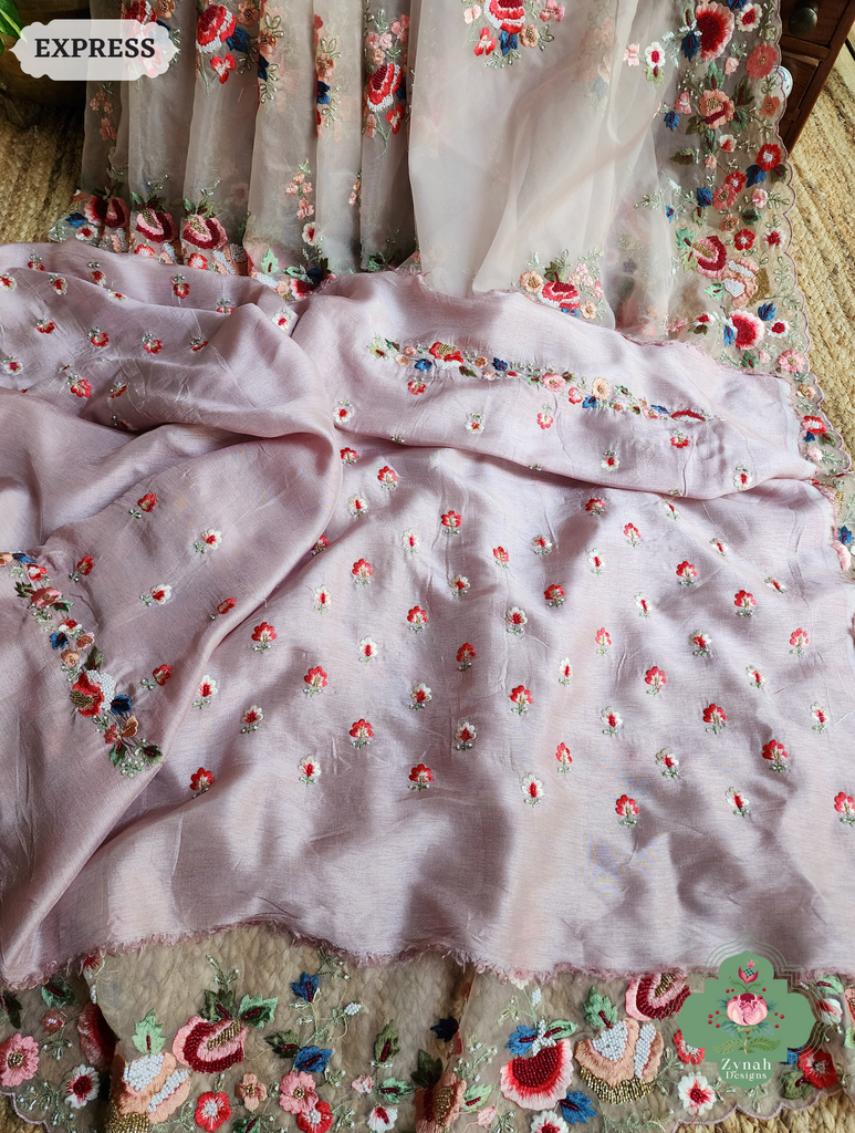 Zynah Orchid Pink Organza Silk Saree With Delicate Floral Border & Allover Big Butis Embroidery & Hand Embellished With Pearls & Cutdana Bead; Custom Stitched/Ready-made Blouse, Fall, Petticoat; SKU: 0503202503