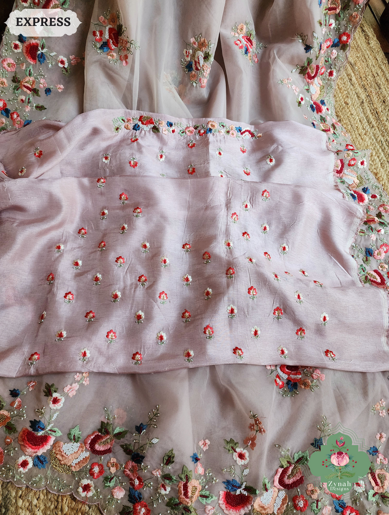 Zynah Orchid Pink Organza Silk Saree With Delicate Floral Border & Allover Big Butis Embroidery & Hand Embellished With Pearls & Cutdana Bead; Custom Stitched/Ready-made Blouse, Fall, Petticoat; SKU: 0503202503