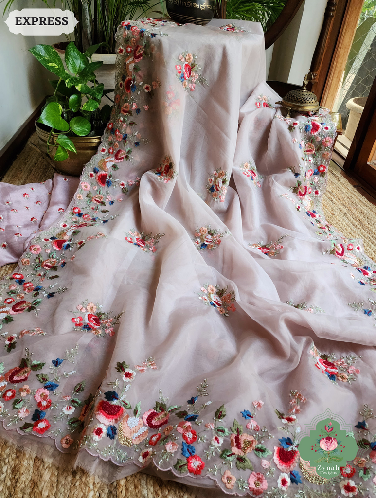 Zynah Orchid Pink Organza Silk Saree With Delicate Floral Border & Allover Big Butis Embroidery & Hand Embellished With Pearls & Cutdana Bead; Custom Stitched/Ready-made Blouse, Fall, Petticoat; SKU: 0503202503