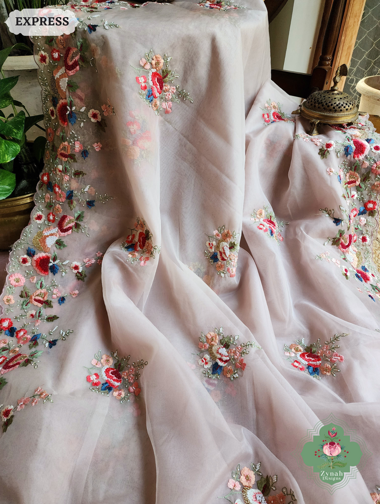 Zynah Orchid Pink Organza Silk Saree With Delicate Floral Border & Allover Big Butis Embroidery & Hand Embellished With Pearls & Cutdana Bead; Custom Stitched/Ready-made Blouse, Fall, Petticoat; SKU: 0503202503