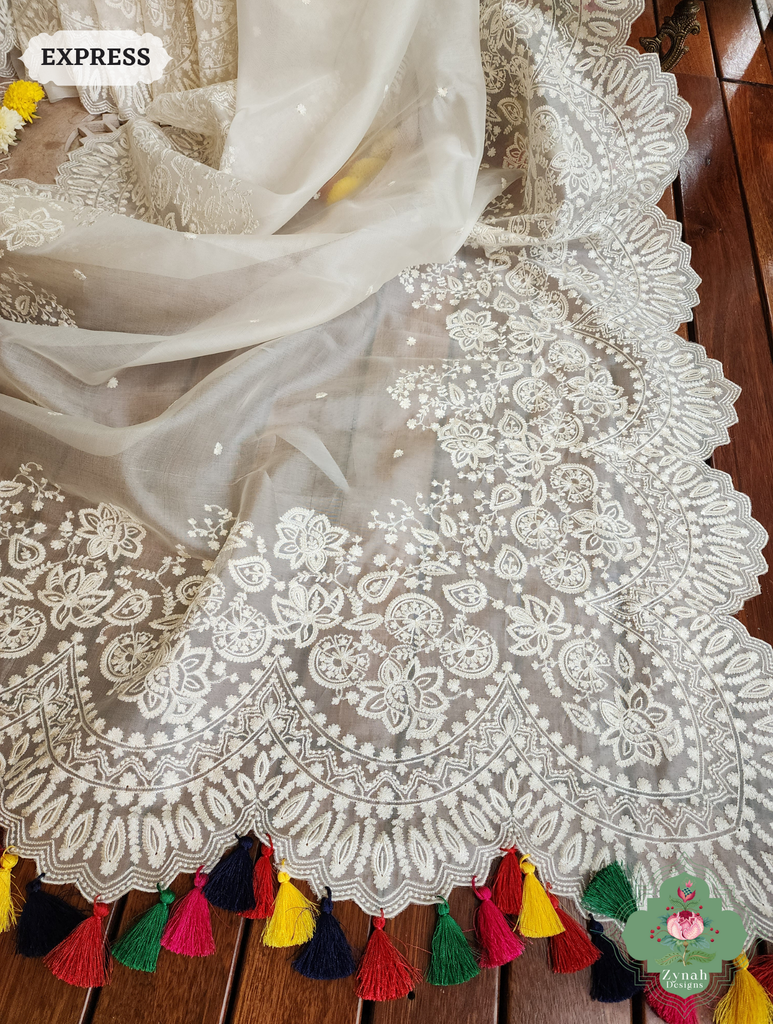 Zynah Off White Pure Organza Silk Saree With Embroidery & Scalloped Border; Custom Stitched/Ready-made Blouse, Fall, Petticoat; SKU: 1209202402