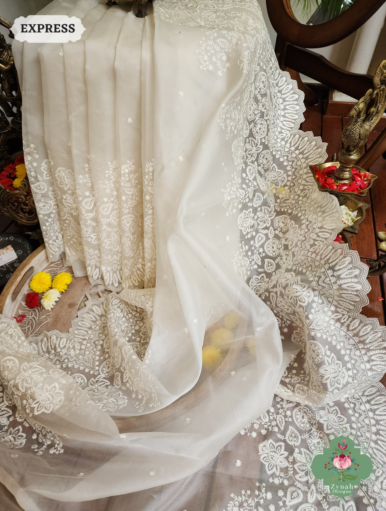 Zynah Off White Pure Organza Silk Saree With Embroidery & Scalloped Border; Custom Stitched/Ready-made Blouse, Fall, Petticoat; SKU: 1209202402