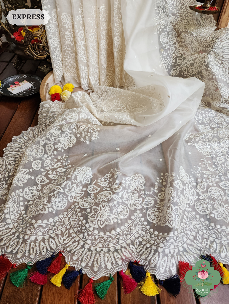 Zynah Off White Pure Organza Silk Saree With Embroidery & Scalloped Border; Custom Stitched/Ready-made Blouse, Fall, Petticoat; SKU: 1209202402