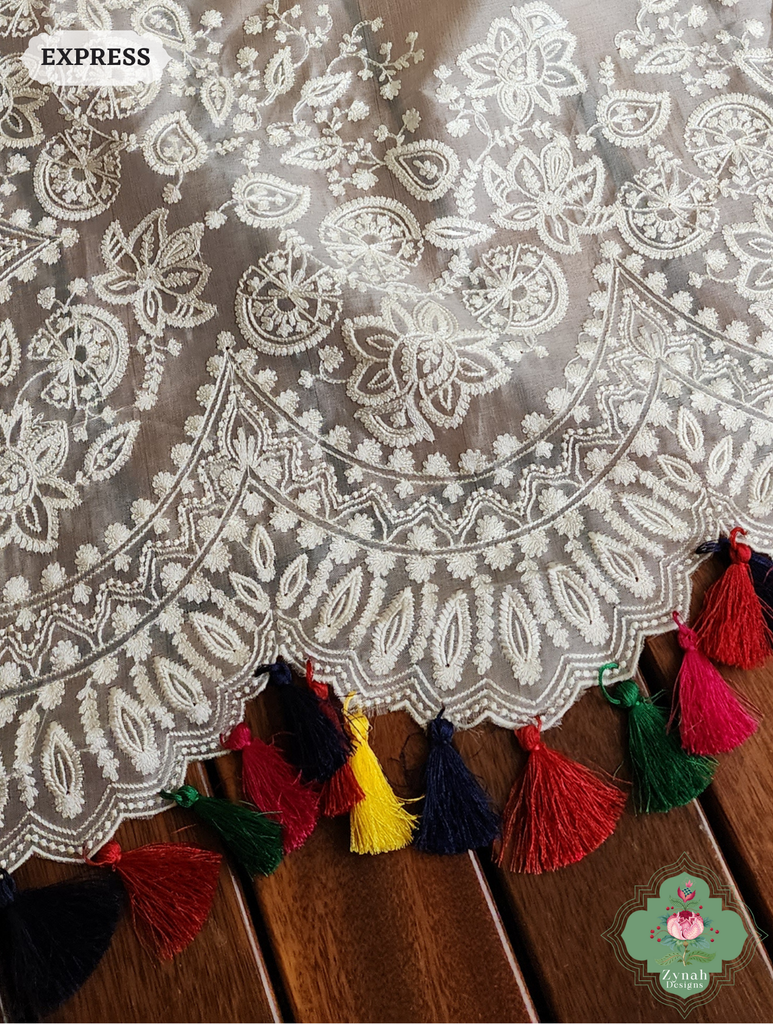 Zynah Off White Pure Organza Silk Saree With Embroidery & Scalloped Border; Custom Stitched/Ready-made Blouse, Fall, Petticoat; SKU: 1209202402