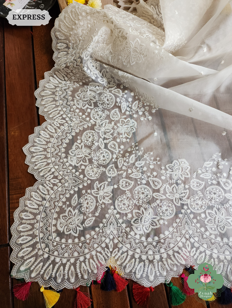 Zynah Off White Pure Organza Silk Saree With Embroidery & Scalloped Border; Custom Stitched/Ready-made Blouse, Fall, Petticoat; SKU: 1209202402