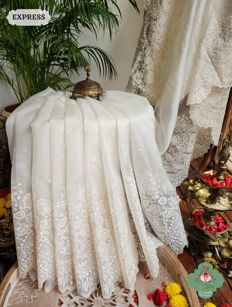 Zynah Off White Pure Organza Silk Saree With Embroidery & Scalloped Border; Custom Stitched/Ready-made Blouse, Fall, Petticoat; SKU: 1209202402