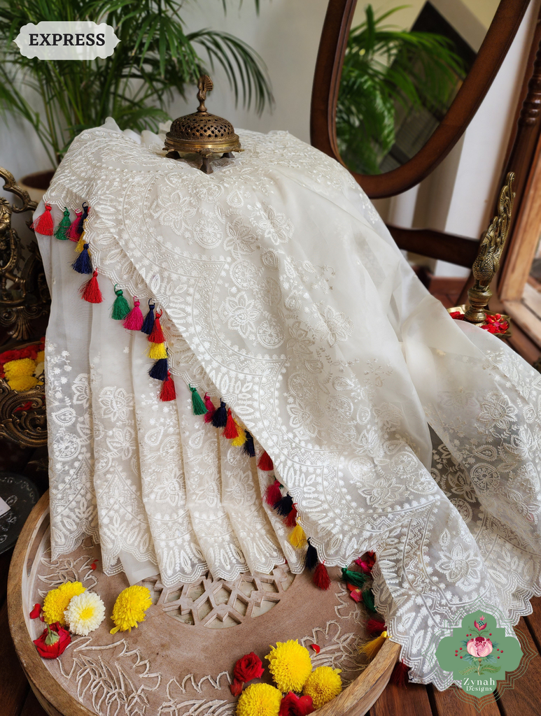 Zynah Off White Pure Organza Silk Saree With Embroidery & Scalloped Border; Custom Stitched/Ready-made Blouse, Fall, Petticoat; SKU: 1209202402