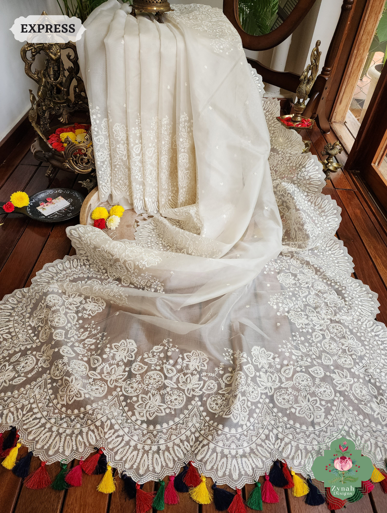 Zynah Off White Pure Organza Silk Saree With Embroidery & Scalloped Border; Custom Stitched/Ready-made Blouse, Fall, Petticoat; SKU: 1209202402