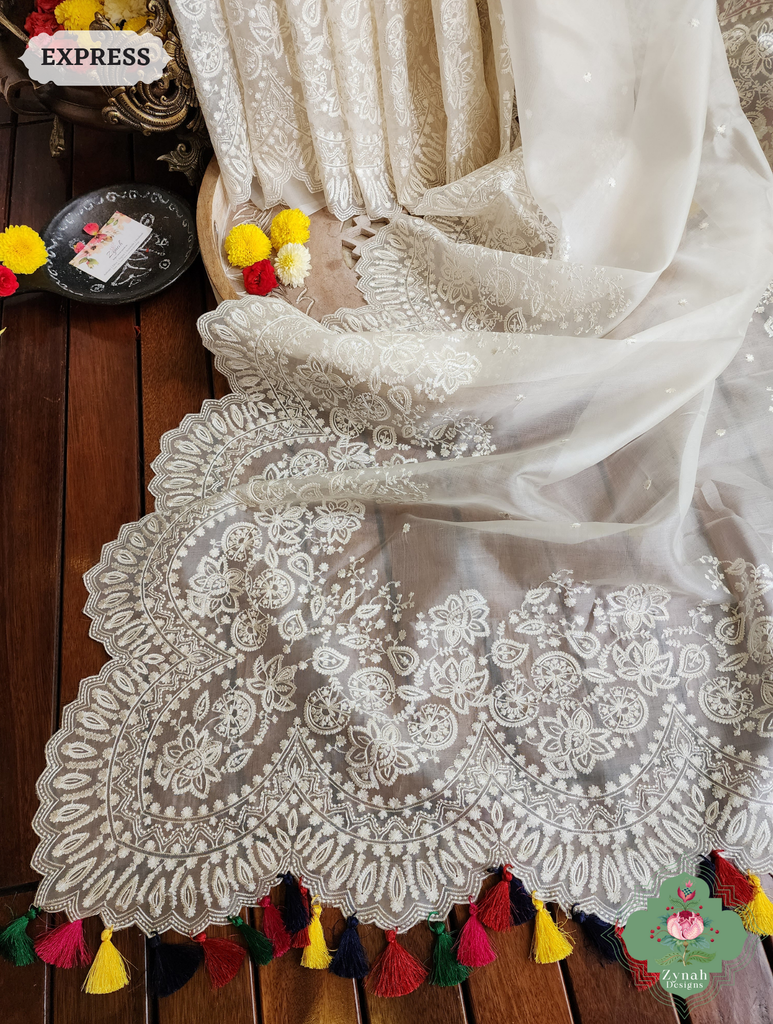 Zynah Off White Pure Organza Silk Saree With Embroidery & Scalloped Border; Custom Stitched/Ready-made Blouse, Fall, Petticoat; SKU: 1209202402