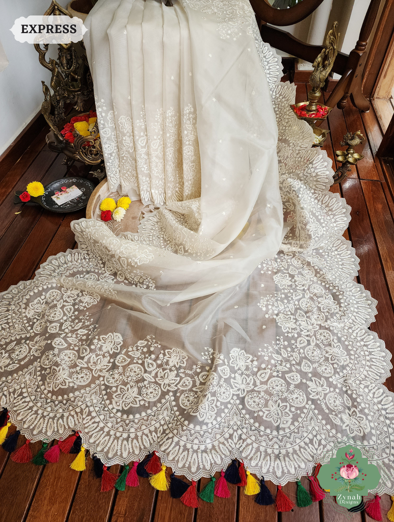Zynah Off White Pure Organza Silk Saree With Embroidery & Scalloped Border; Custom Stitched/Ready-made Blouse, Fall, Petticoat; SKU: 1209202402