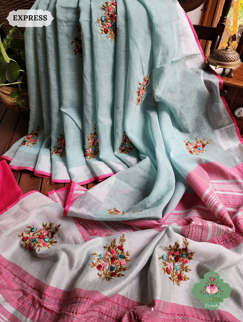 Blue Organic Linen Saree With Kalamkari Print 3