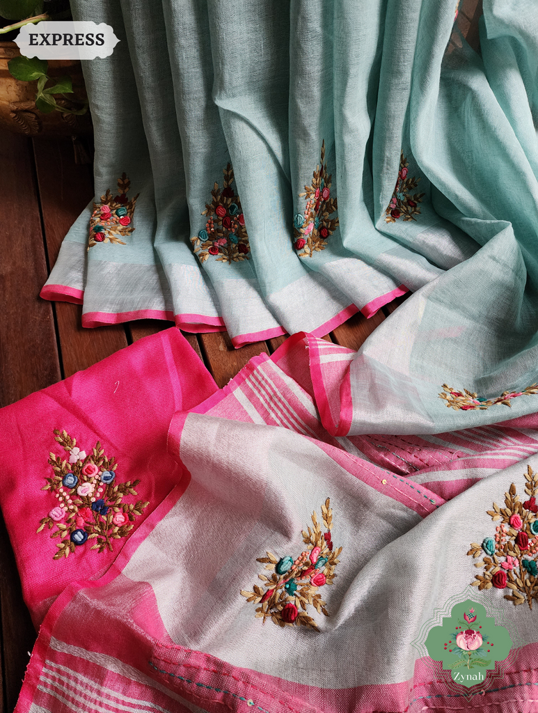 Blue Organic Linen Saree With Kalamkari Print 4