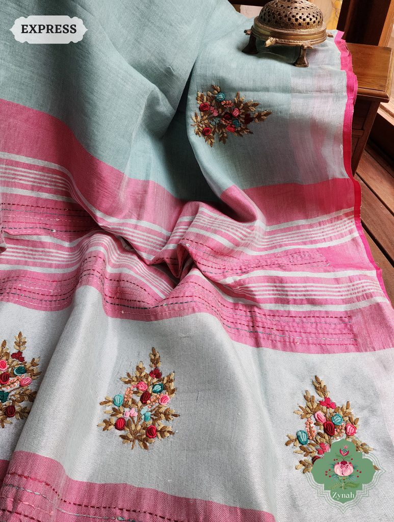 Blue Organic Linen Saree With Kalamkari Print 6