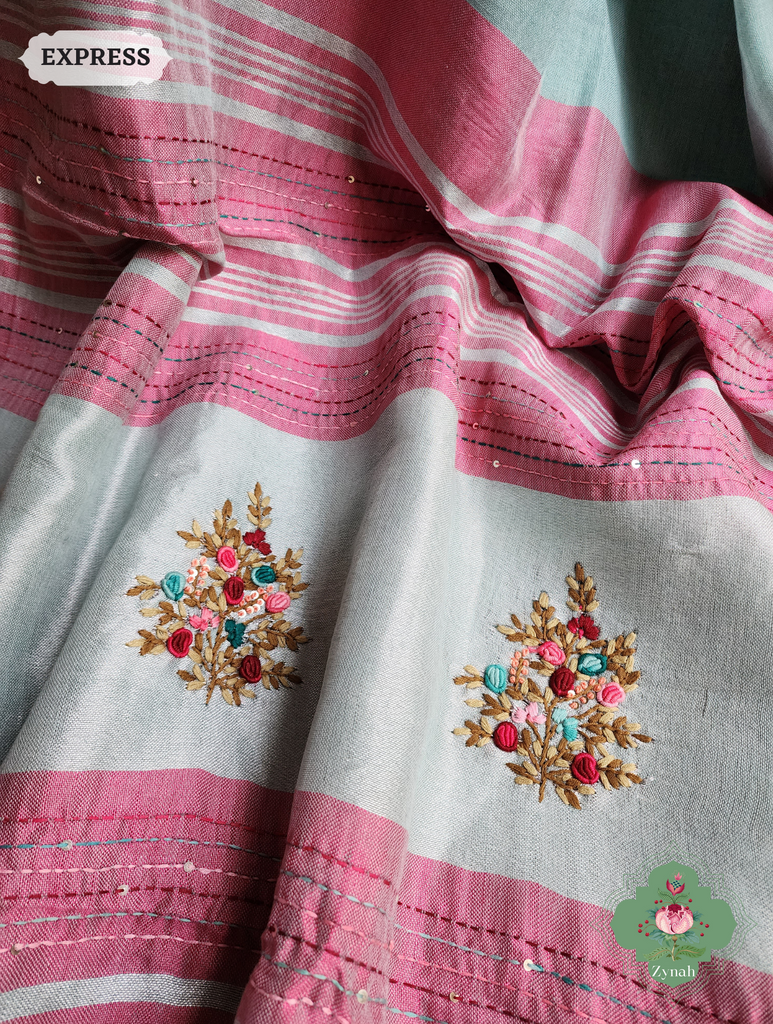 Blue Organic Linen Saree With Kalamkari Print 7