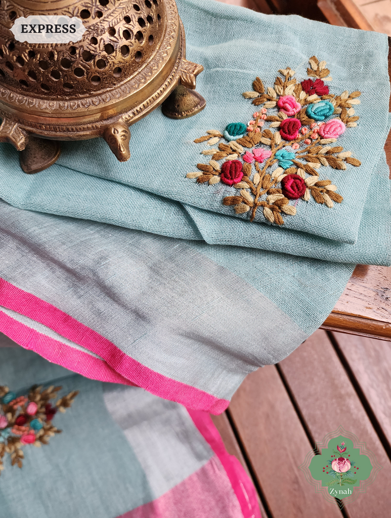 Blue Organic Linen Saree With Kalamkari Print 9
