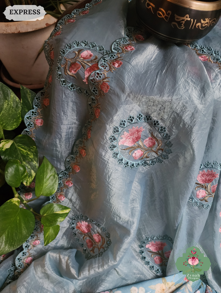 Zynah Pastel Blue Tissue Silk Cutwork Saree With Embroidery & Scalloped Border; Custom Stitched/Ready-made Blouse, Fall, Petticoat; SKU: 1212202401