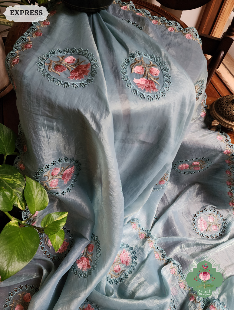 Zynah Pastel Blue Tissue Silk Cutwork Saree With Embroidery & Scalloped Border; Custom Stitched/Ready-made Blouse, Fall, Petticoat; SKU: 1212202401