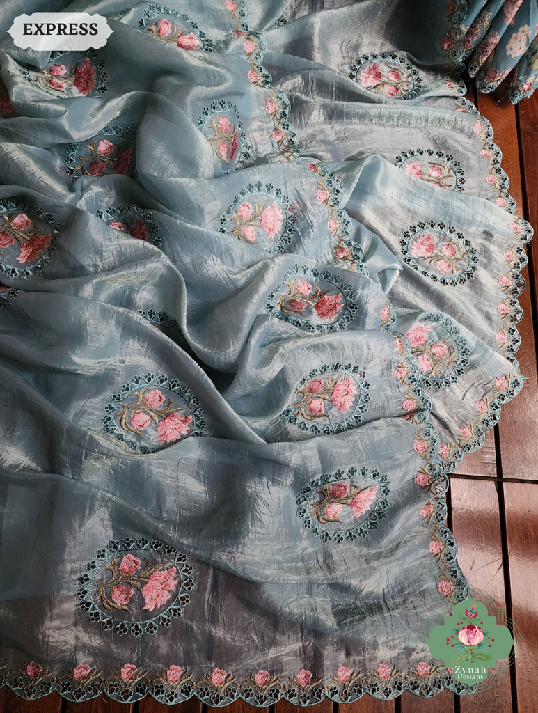Zynah Pastel Blue Tissue Silk Cutwork Saree With Embroidery & Scalloped Border; Custom Stitched/Ready-made Blouse, Fall, Petticoat; SKU: 1212202401