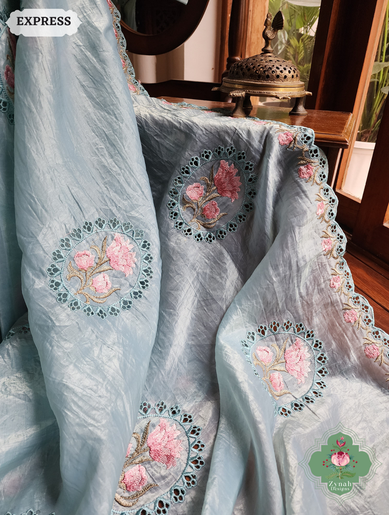 Zynah Pastel Blue Tissue Silk Cutwork Saree With Embroidery & Scalloped Border; Custom Stitched/Ready-made Blouse, Fall, Petticoat; SKU: 1212202401