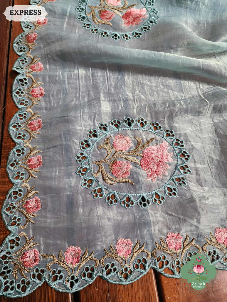 Zynah Pastel Blue Tissue Silk Cutwork Saree With Embroidery & Scalloped Border; Custom Stitched/Ready-made Blouse, Fall, Petticoat; SKU: 1212202401