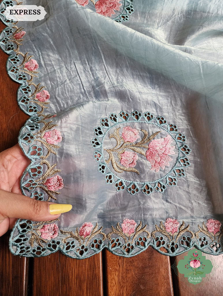 Zynah Pastel Blue Tissue Silk Cutwork Saree With Embroidery & Scalloped Border; Custom Stitched/Ready-made Blouse, Fall, Petticoat; SKU: 1212202401
