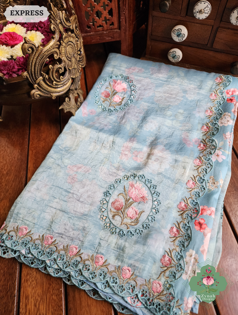 Zynah Pastel Blue Tissue Silk Cutwork Saree With Embroidery & Scalloped Border; Custom Stitched/Ready-made Blouse, Fall, Petticoat; SKU: 1212202401