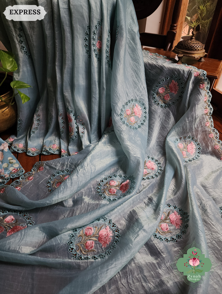 Zynah Pastel Blue Tissue Silk Cutwork Saree With Embroidery & Scalloped Border; Custom Stitched/Ready-made Blouse, Fall, Petticoat; SKU: 1212202401
