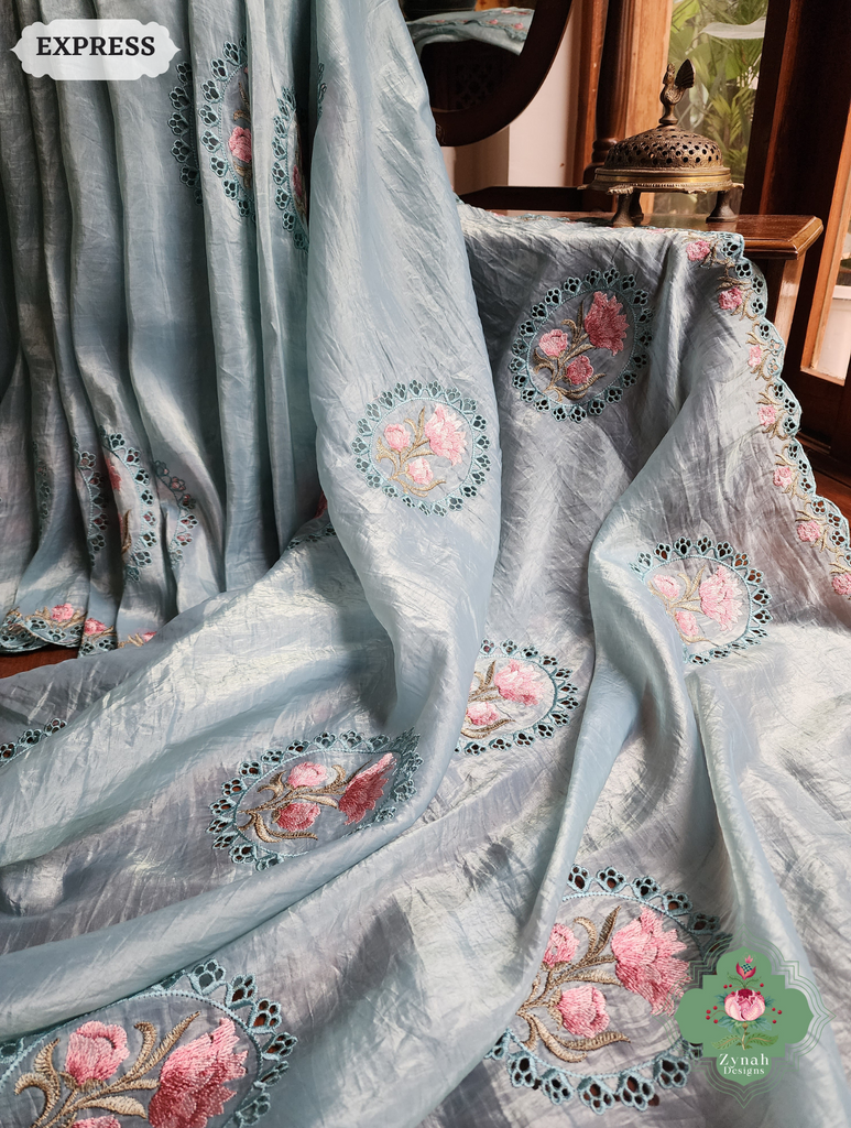 Zynah Pastel Blue Tissue Silk Cutwork Saree With Embroidery & Scalloped Border; Custom Stitched/Ready-made Blouse, Fall, Petticoat; SKU: 1212202401