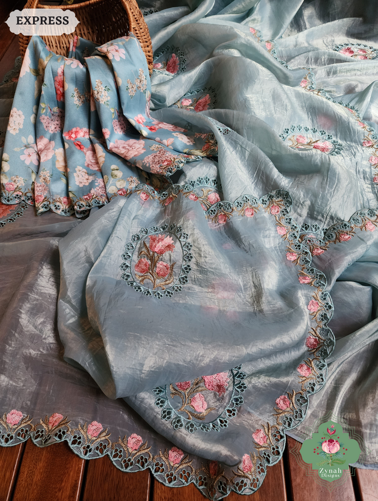 Zynah Pastel Blue Tissue Silk Cutwork Saree With Embroidery & Scalloped Border; Custom Stitched/Ready-made Blouse, Fall, Petticoat; SKU: 1212202401