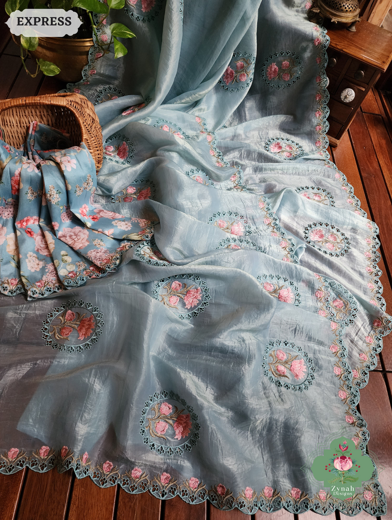 Zynah Pastel Blue Tissue Silk Cutwork Saree With Embroidery & Scalloped Border; Custom Stitched/Ready-made Blouse, Fall, Petticoat; SKU: 1212202401