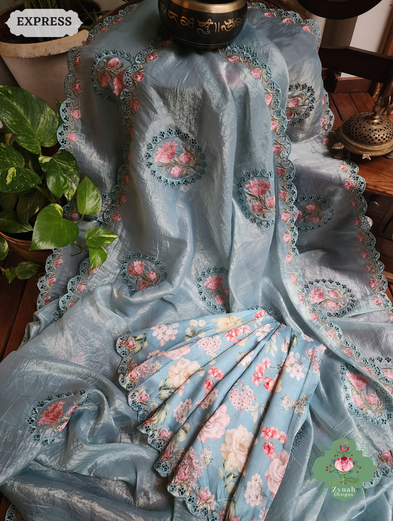 Zynah Pastel Blue Tissue Silk Cutwork Saree With Embroidery & Scalloped Border; Custom Stitched/Ready-made Blouse, Fall, Petticoat; SKU: 1212202401