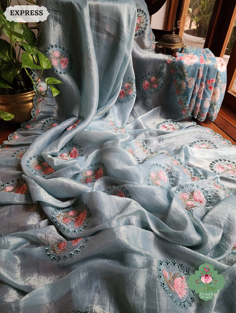 Zynah Pastel Blue Tissue Silk Cutwork Saree With Embroidery & Scalloped Border; Custom Stitched/Ready-made Blouse, Fall, Petticoat; SKU: 1212202401