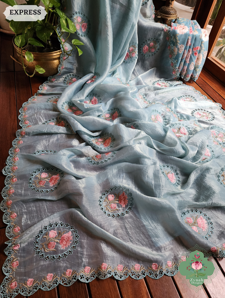 Zynah Pastel Blue Tissue Silk Cutwork Saree With Embroidery & Scalloped Border; Custom Stitched/Ready-made Blouse, Fall, Petticoat; SKU: 1212202401