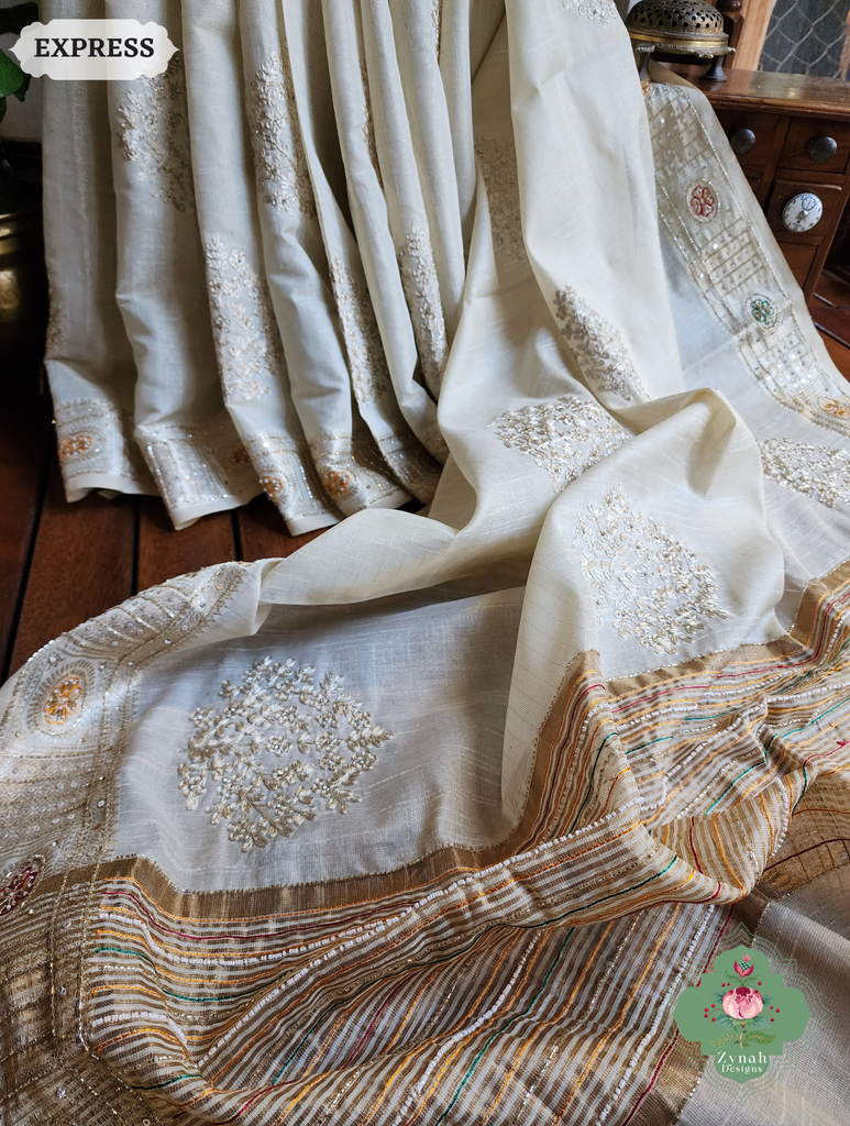 Zynah Pastel Green Kota Tissue Saree With Pita Work & Delicate Hand Embellishments; Custom Stitched/Ready-made Blouse, Fall, Petticoat; SKU: 1403202503