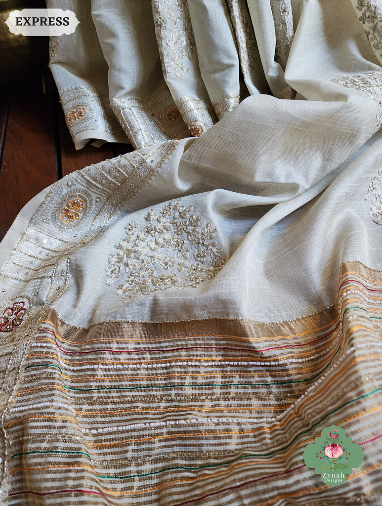 Zynah Pastel Green Kota Tissue Saree With Pita Work & Delicate Hand Embellishments; Custom Stitched/Ready-made Blouse, Fall, Petticoat; SKU: 1403202503