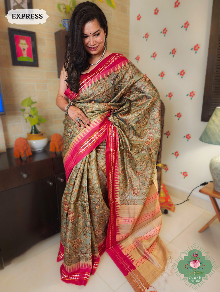Zynah Pastel Green & Pink Kalamkari Print Pure Tussar Silk Vidarbha Saree With Karvati Kinaar Border; Custom Stitched/Ready-made Blouse, Fall, Petticoat; SKU: 1909202403