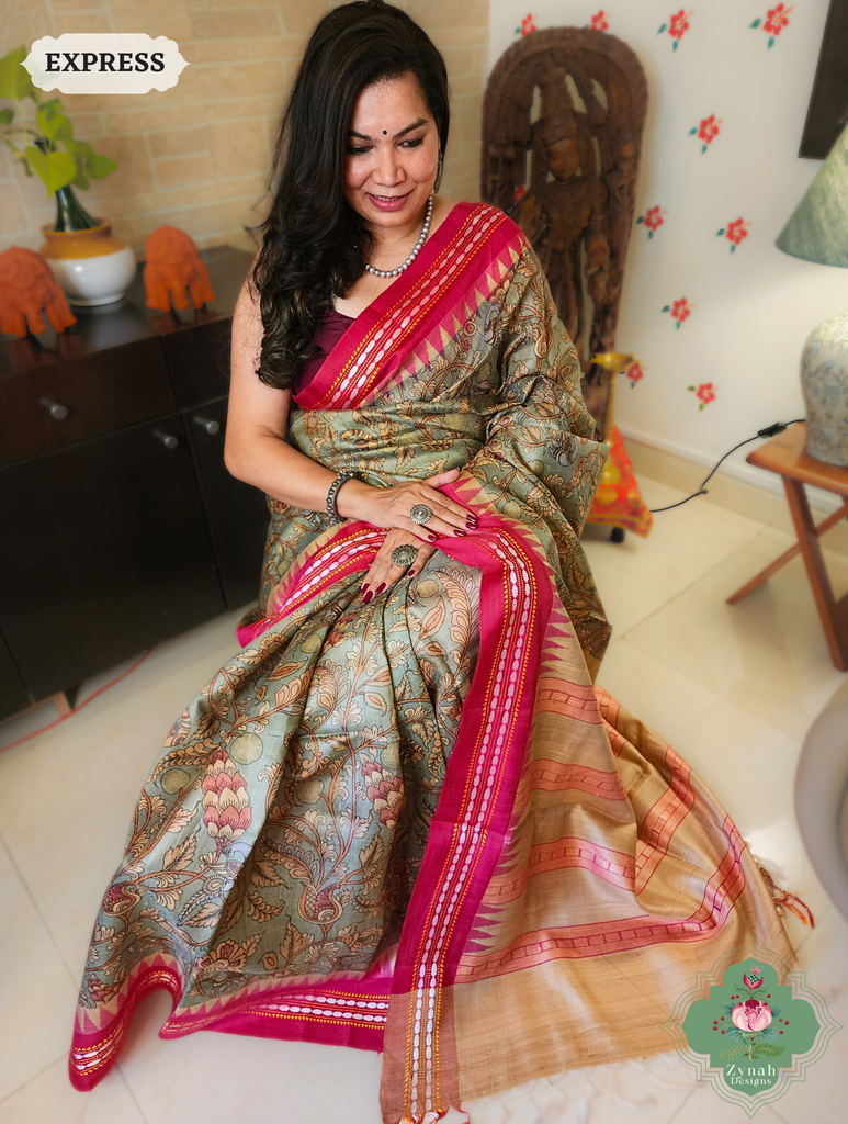 Zynah Pastel Green & Pink Kalamkari Print Pure Tussar Silk Vidarbha Saree With Karvati Kinaar Border; Custom Stitched/Ready-made Blouse, Fall, Petticoat; SKU: 1909202403