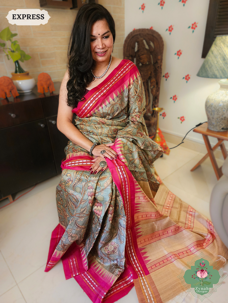 Zynah Pastel Green & Pink Kalamkari Print Pure Tussar Silk Vidarbha Saree With Karvati Kinaar Border; Custom Stitched/Ready-made Blouse, Fall, Petticoat; SKU: 1909202403