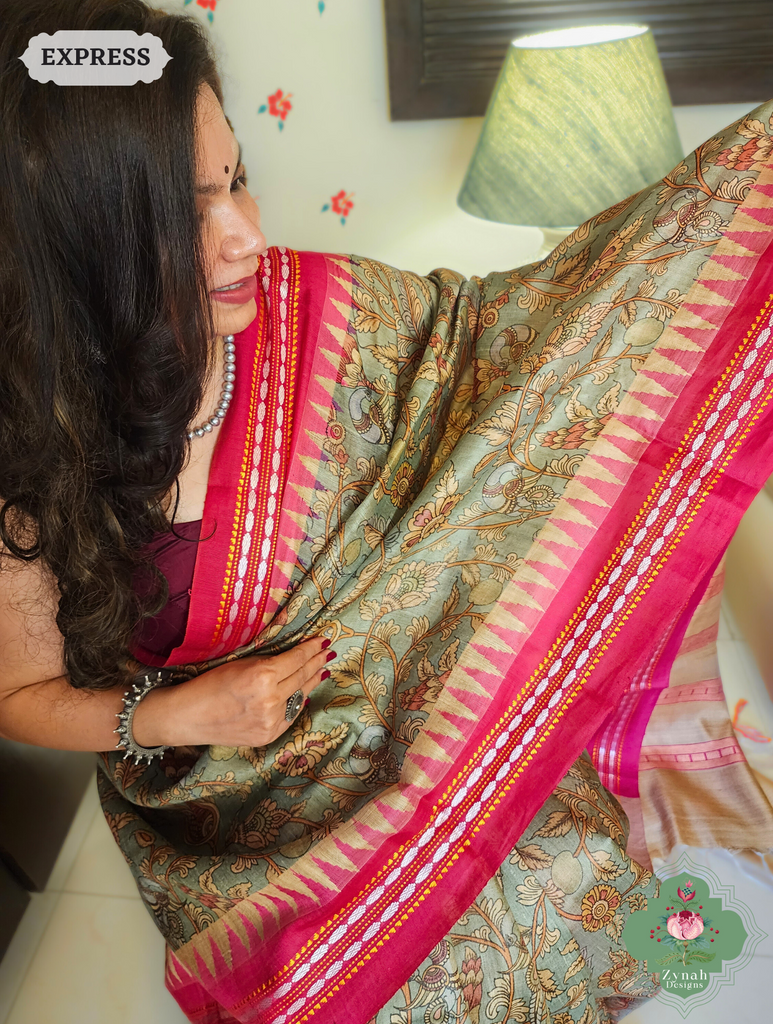 Zynah Pastel Green & Pink Kalamkari Print Pure Tussar Silk Vidarbha Saree With Karvati Kinaar Border; Custom Stitched/Ready-made Blouse, Fall, Petticoat; SKU: 1909202403
