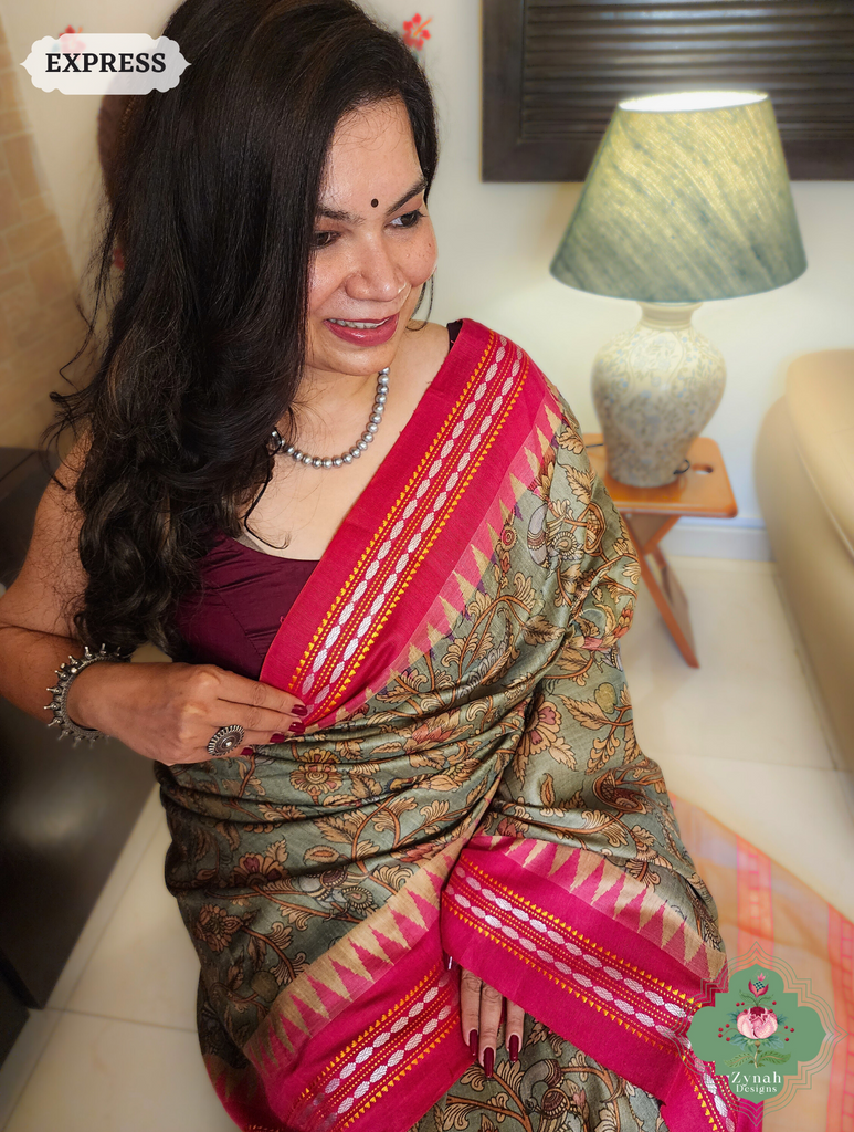 Zynah Pastel Green & Pink Kalamkari Print Pure Tussar Silk Vidarbha Saree With Karvati Kinaar Border; Custom Stitched/Ready-made Blouse, Fall, Petticoat; SKU: 1909202403