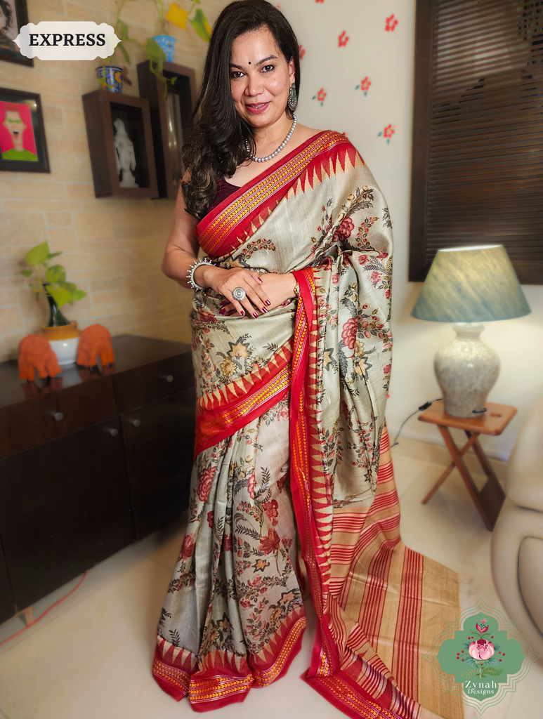 Zynah Pastel Green & Red Bold Floral Print Pure Tussar Silk Vidarbha Saree With Karvati Kinaar Border; Custom Stitched/Ready-made Blouse, Fall, Petticoat; SKU: 1909202402