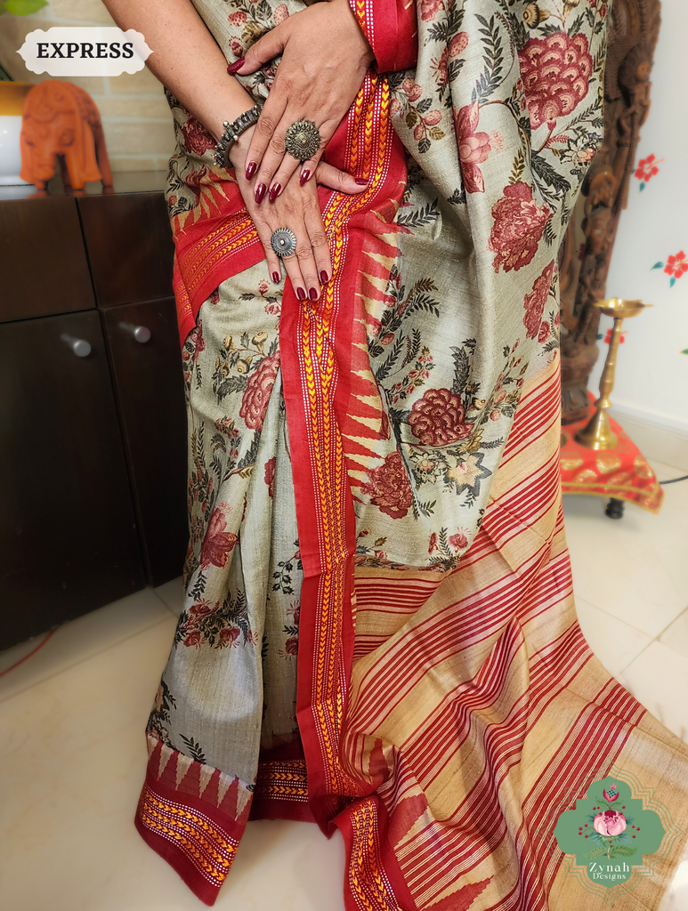 Zynah Pastel Green & Red Bold Floral Print Pure Tussar Silk Vidarbha Saree With Karvati Kinaar Border; Custom Stitched/Ready-made Blouse, Fall, Petticoat; SKU: 1909202402